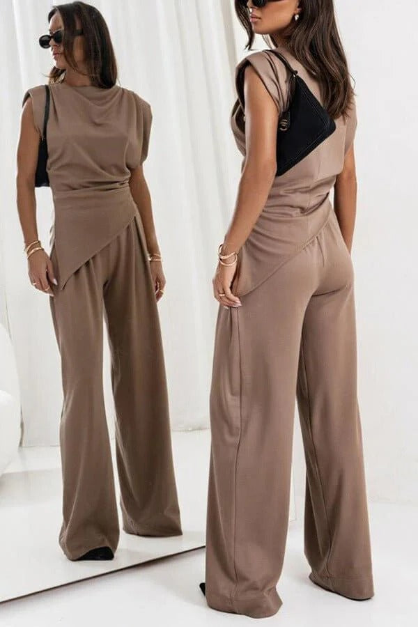 Serena | Elegant Draped Two Piece Set With Wide Leg Pants