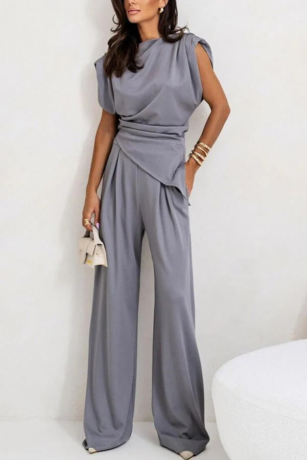 Serena | Elegant Draped Two Piece Set With Wide Leg Pants