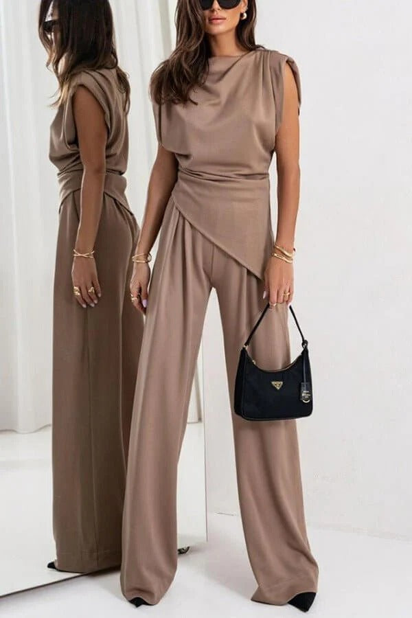Serena | Elegant Draped Two Piece Set With Wide Leg Pants