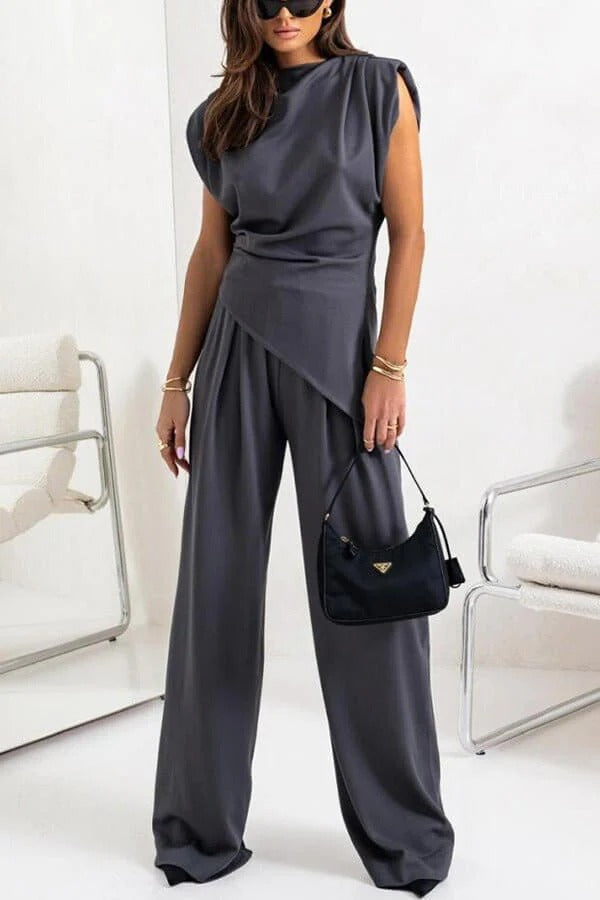 Serena | Elegant Draped Two Piece Set With Wide Leg Pants