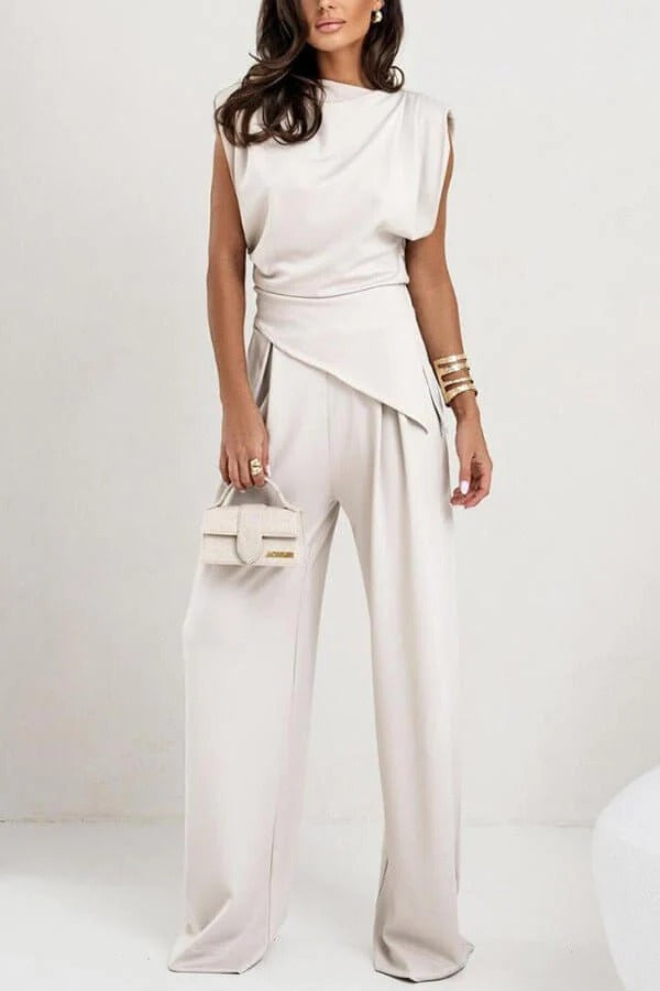 Serena | Elegant Draped Two Piece Set With Wide Leg Pants