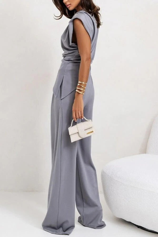 Serena | Elegant Draped Two Piece Set With Wide Leg Pants