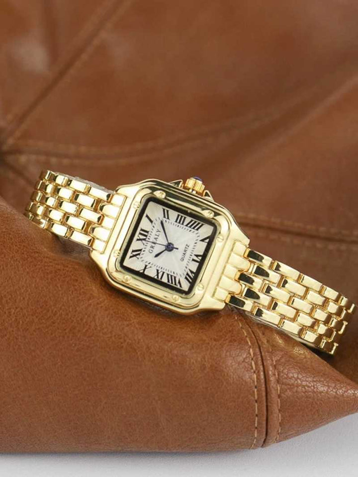 Evelyn | Elegant Square Face Gold Quartz Watch With Roman Numerals