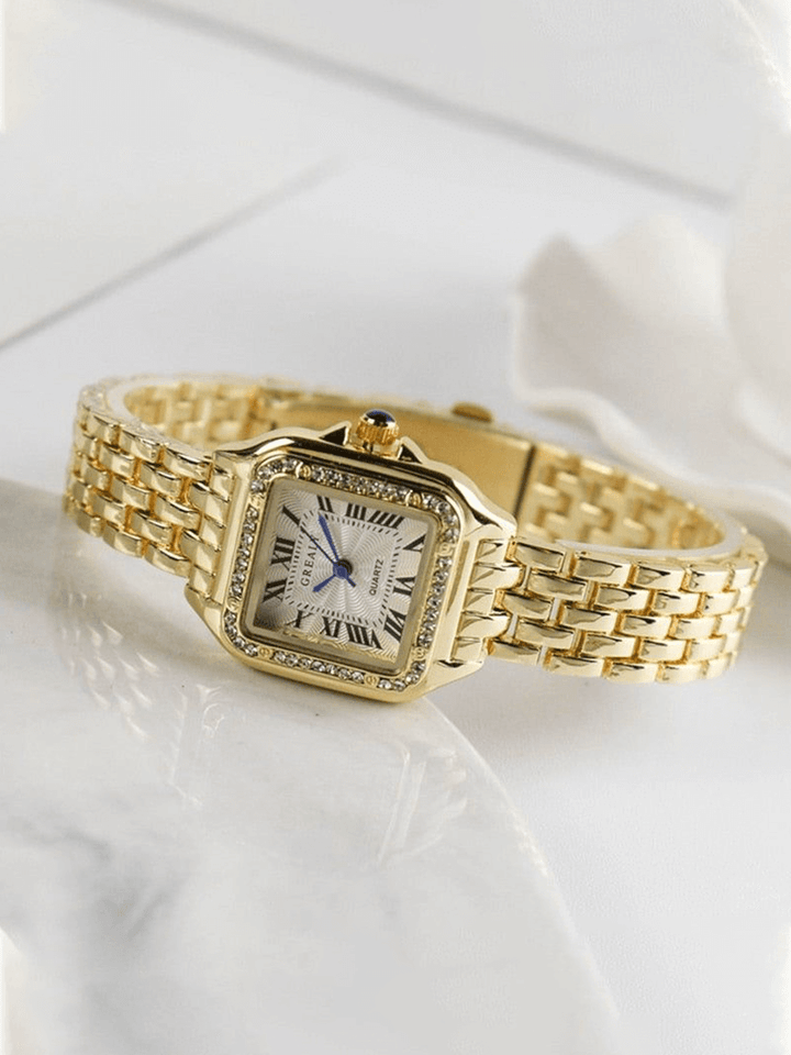 Evelyn | Elegant Square Face Gold Quartz Watch With Roman Numerals