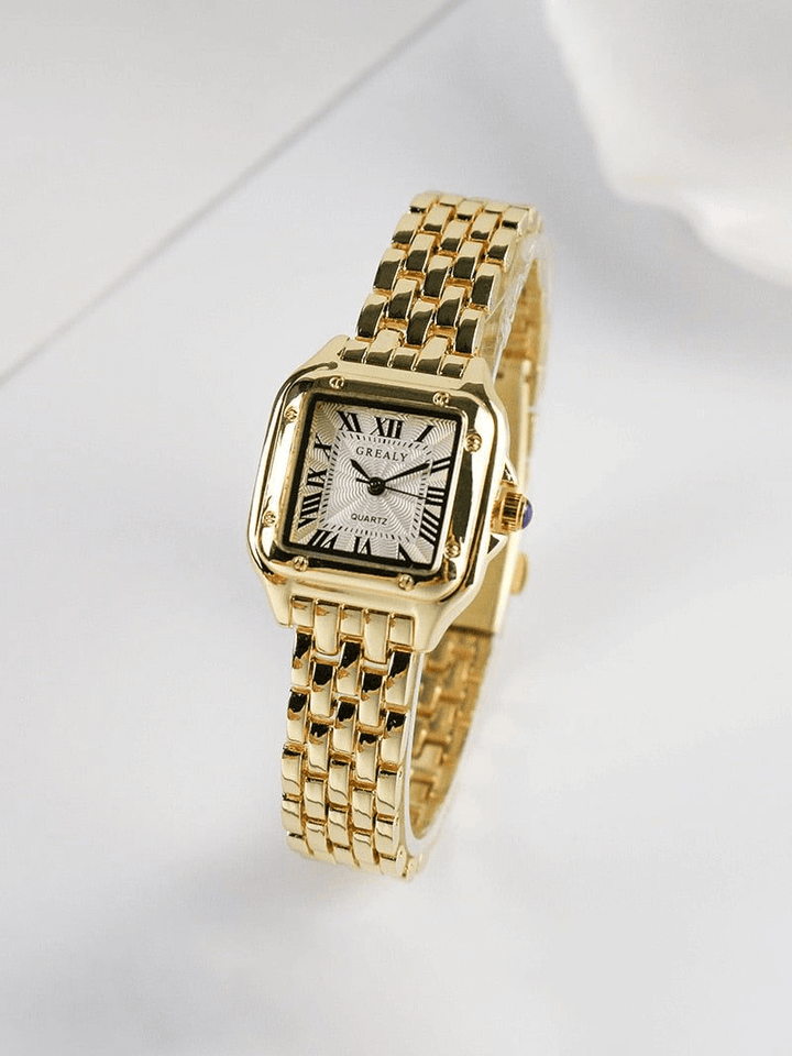 Evelyn | Elegant Square Face Gold Quartz Watch With Roman Numerals