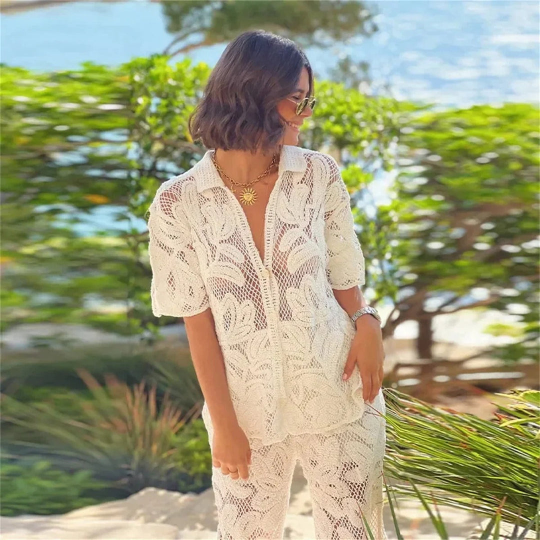 Vivienne | Elegant Crochet Two-Piece Set With V-Neck Top