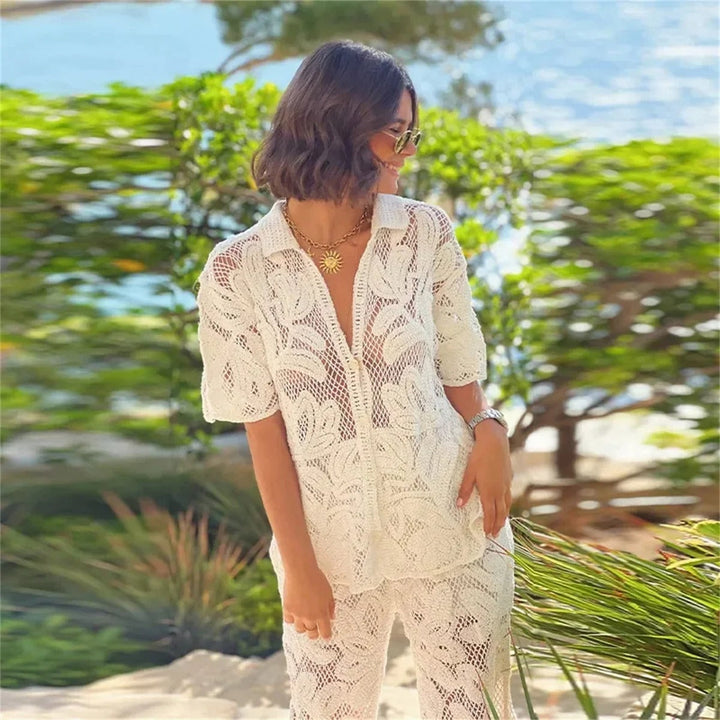 Vivienne | Elegant Crochet Two-Piece Set With V-Neck Top