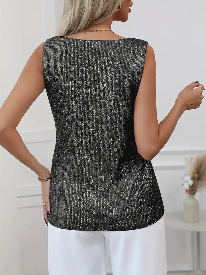 Ophelia | Elegant Silver Sequin V-Neck Sleeveless Top