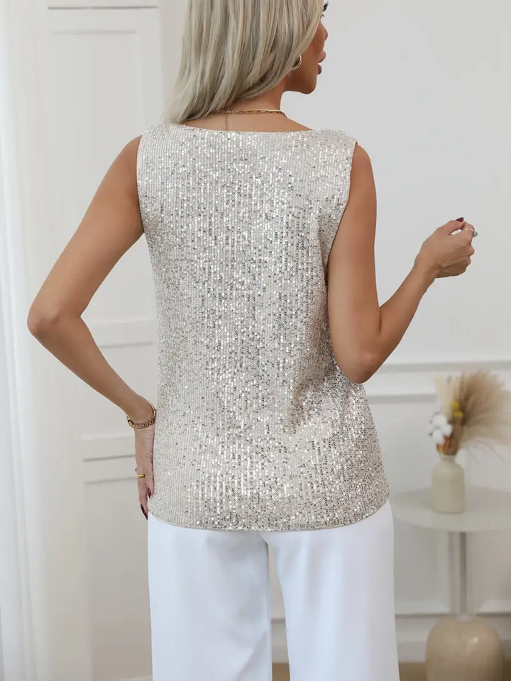 Ophelia | Elegant Silver Sequin V-Neck Sleeveless Top