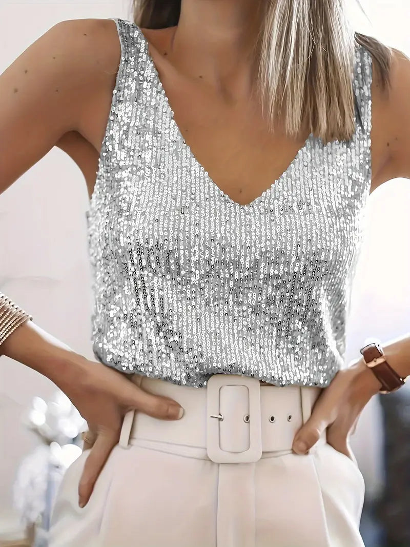 Ophelia | Elegant Silver Sequin V-Neck Sleeveless Top