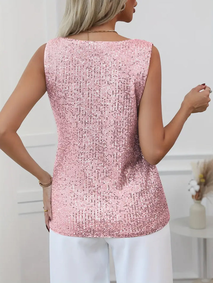 Ophelia | Elegant Silver Sequin V-Neck Sleeveless Top