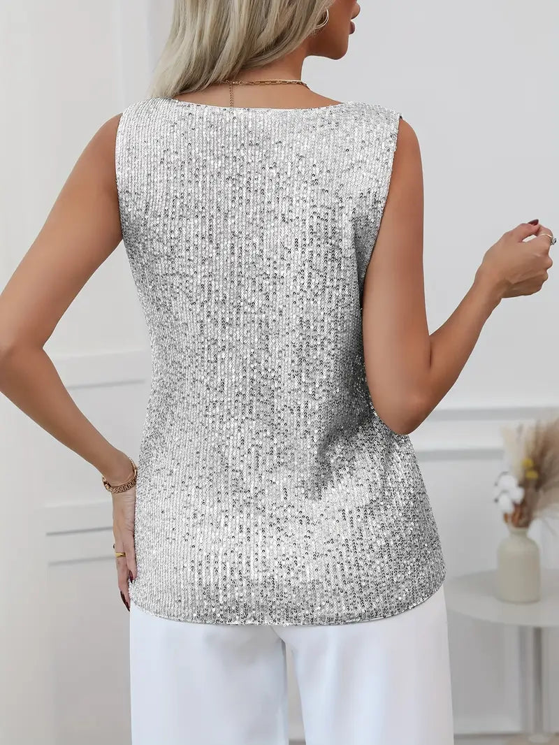 Ophelia | Elegant Silver Sequin V-Neck Sleeveless Top