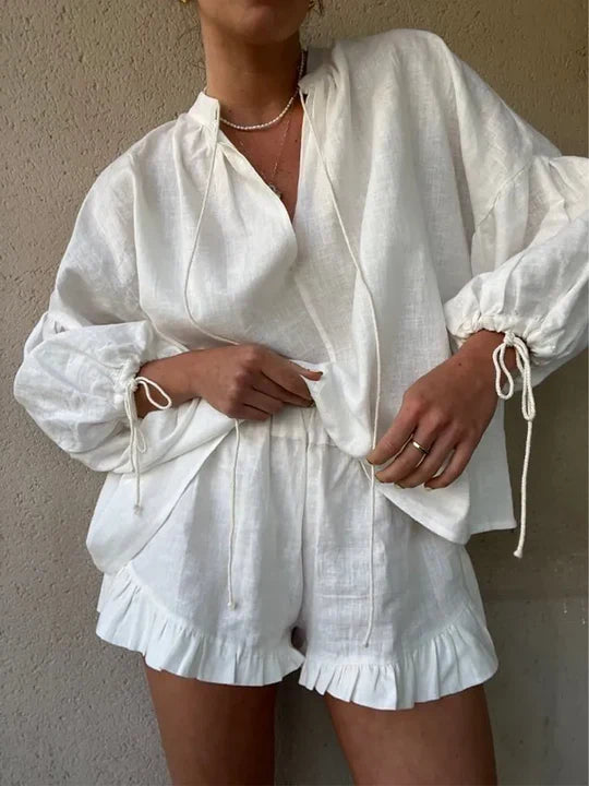 Evy | Elegant White Ruffle Lounge Set With Tie Sleeves