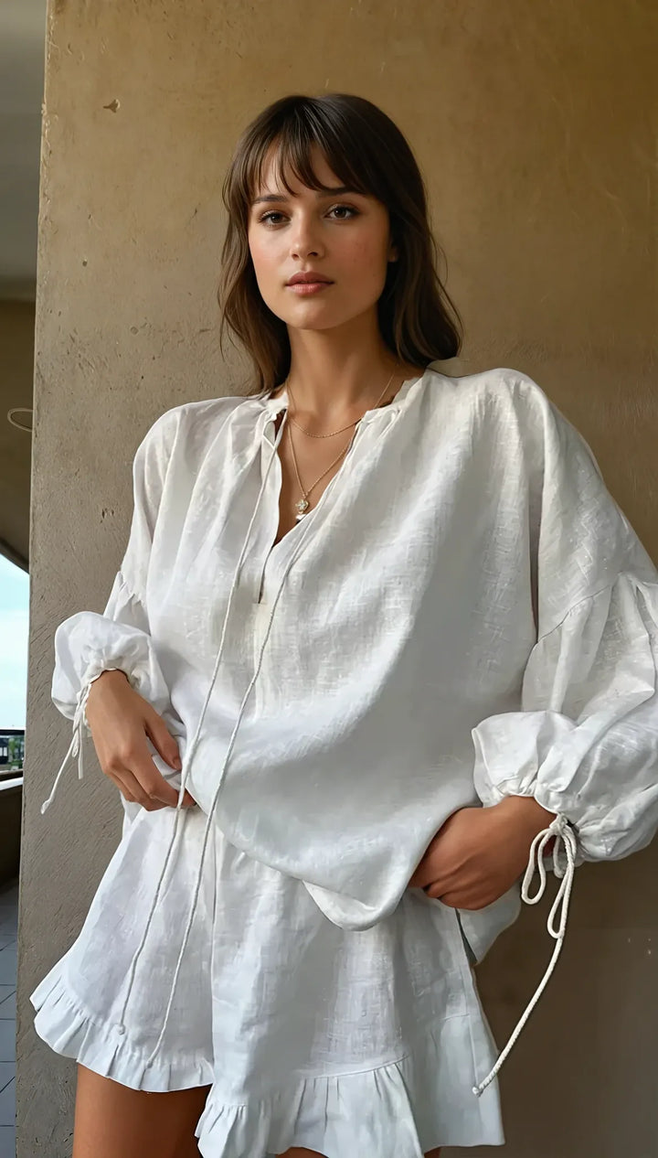 Evy | Elegant White Ruffle Lounge Set With Tie Sleeves