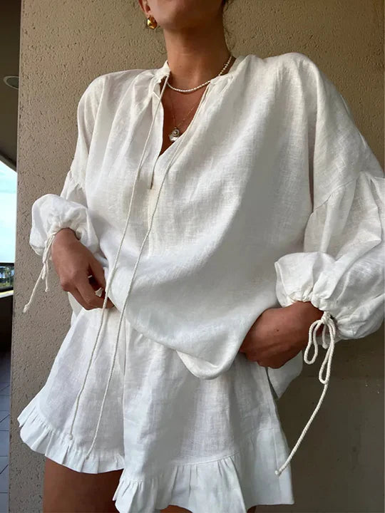 Evy | Elegant White Ruffle Lounge Set With Tie Sleeves