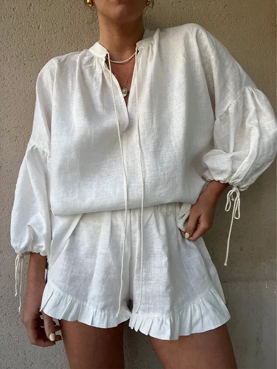 Evy | Elegant White Ruffle Lounge Set With Tie Sleeves