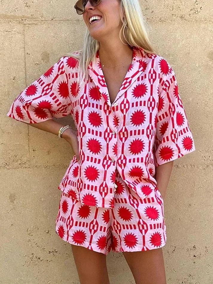 Elyse | Chic Red Geometric Print Button-Up Shirt & Shorts Set