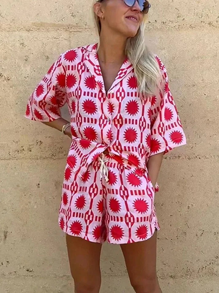 Elyse | Chic Red Geometric Print Button-Up Shirt & Shorts Set