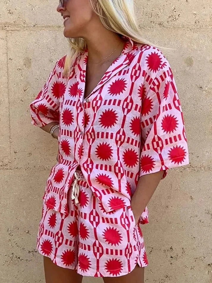 Elyse | Chic Red Geometric Print Button-Up Shirt & Shorts Set