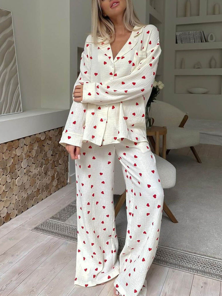 Elyse | Chic Heart Print V-Neck Long Sleeve Pyjama Set
