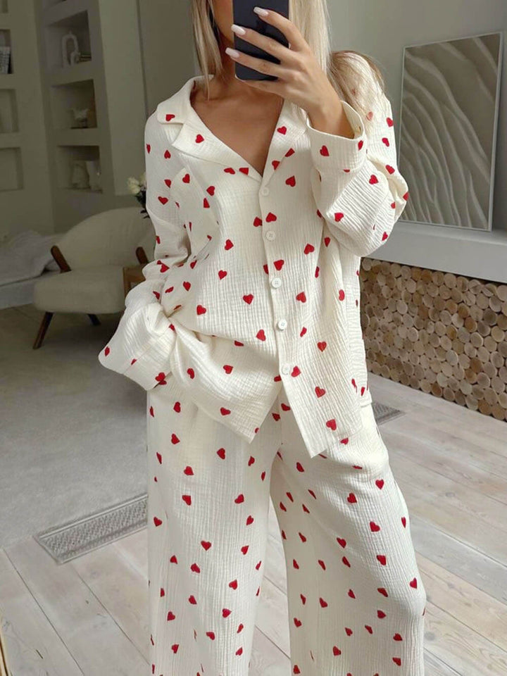 Elyse | Chic Heart Print V-Neck Long Sleeve Pyjama Set
