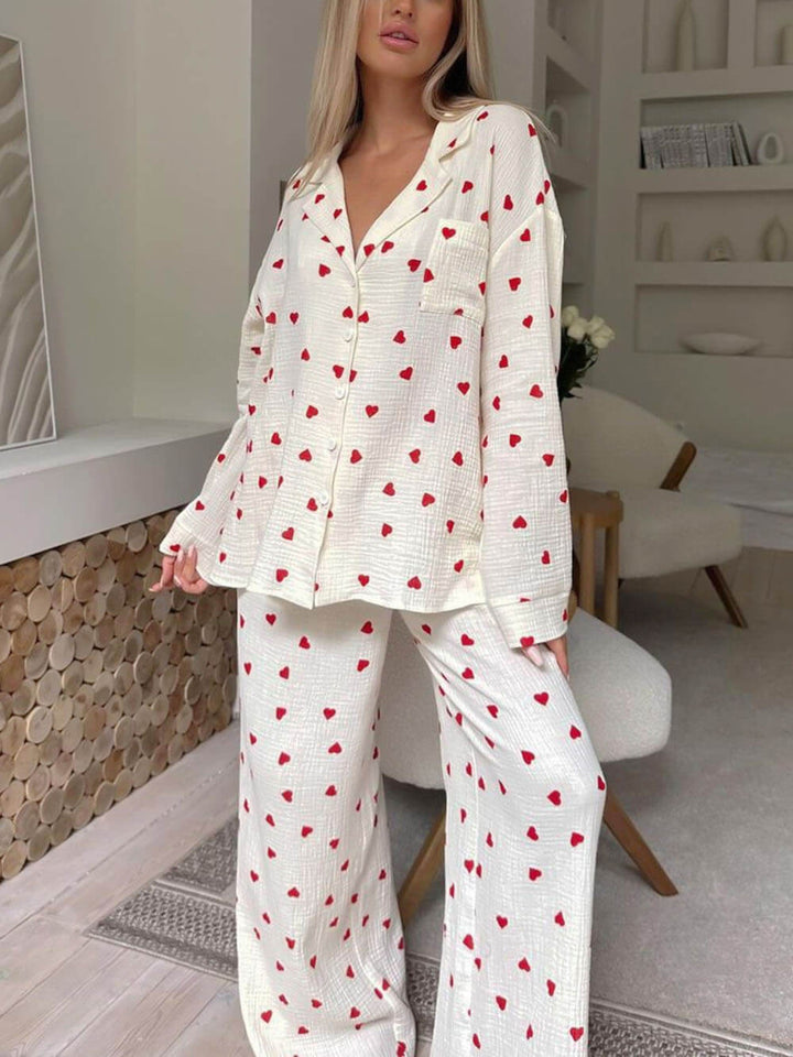 Elyse | Chic Heart Print V-Neck Long Sleeve Pyjama Set
