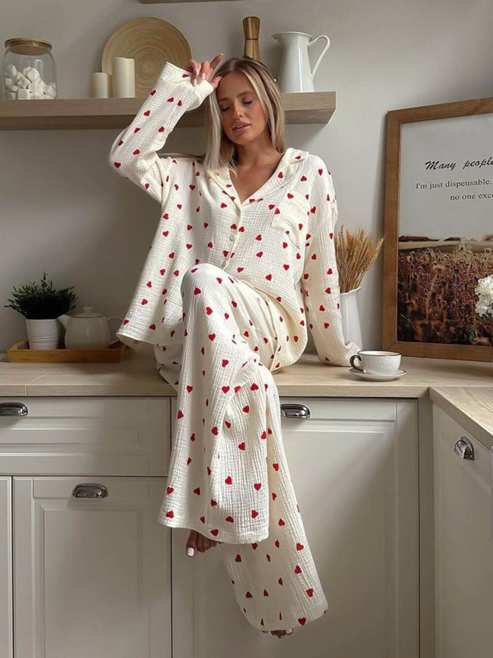 Elyse | Chic Heart Print V-Neck Long Sleeve Pyjama Set