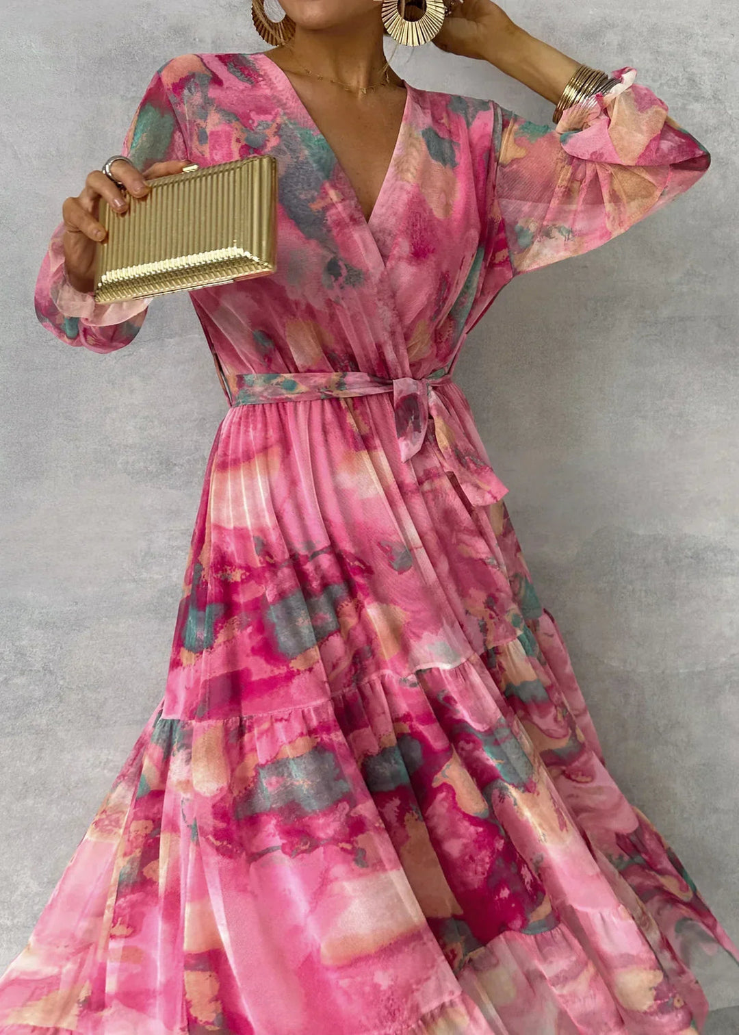 Serena | Elegant Tiered V-Neck Floral Maxi Dress With Wrap Silhouette