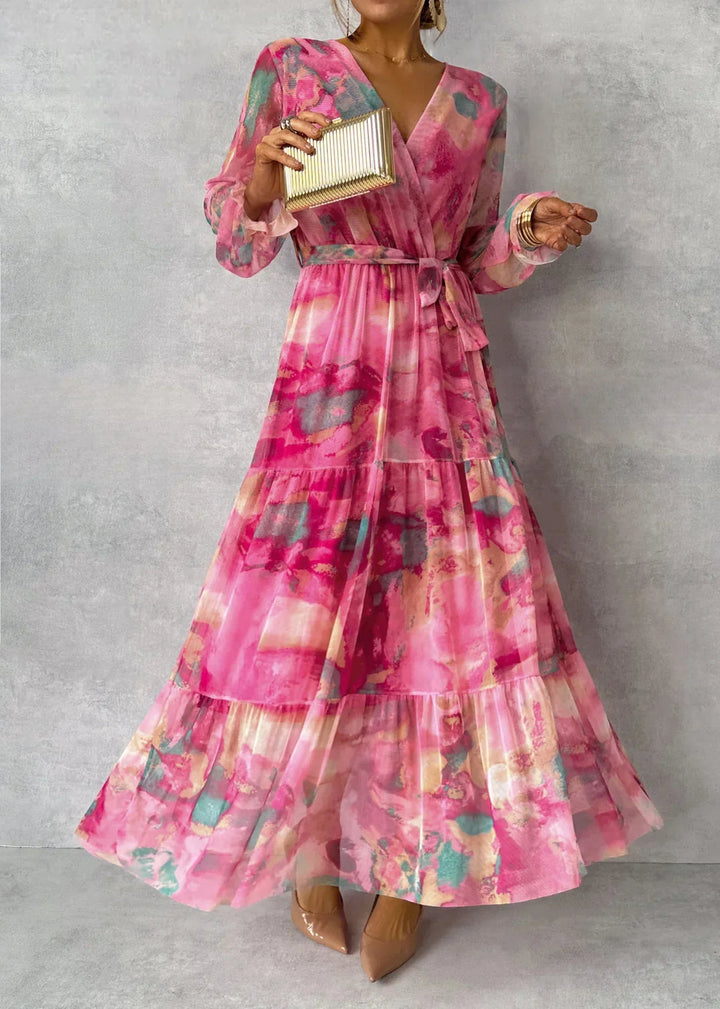 Serena | Elegant Tiered V-Neck Floral Maxi Dress With Wrap Silhouette