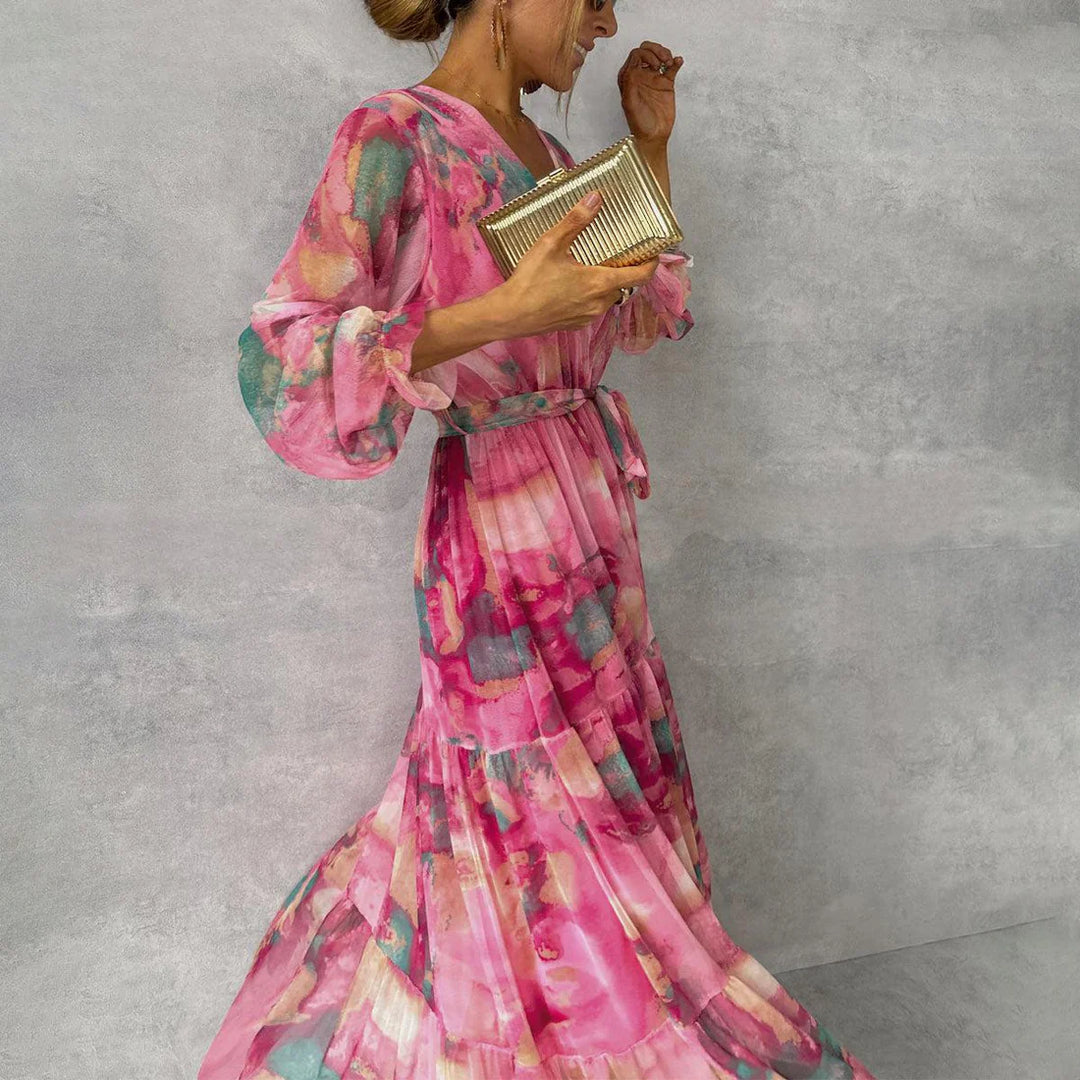 Serena | Elegant Tiered V-Neck Floral Maxi Dress With Wrap Silhouette