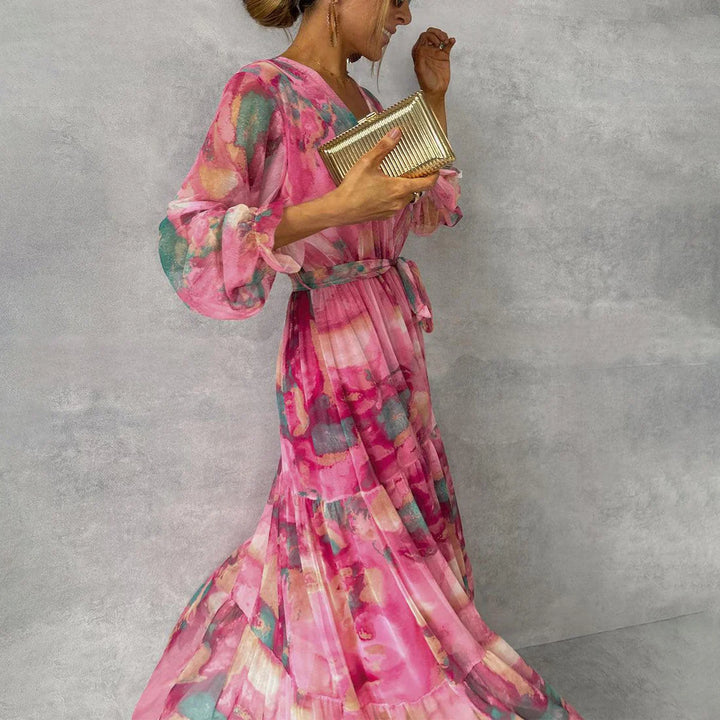 Serena | Elegant Tiered V-Neck Floral Maxi Dress With Wrap Silhouette