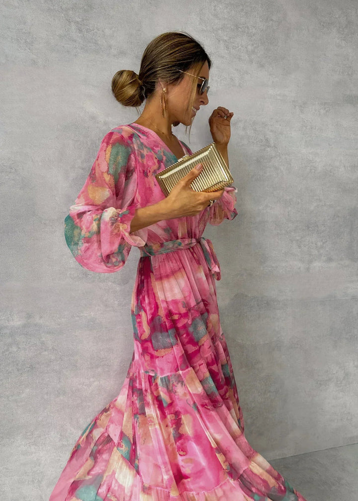 Serena | Elegant Tiered V-Neck Floral Maxi Dress With Wrap Silhouette