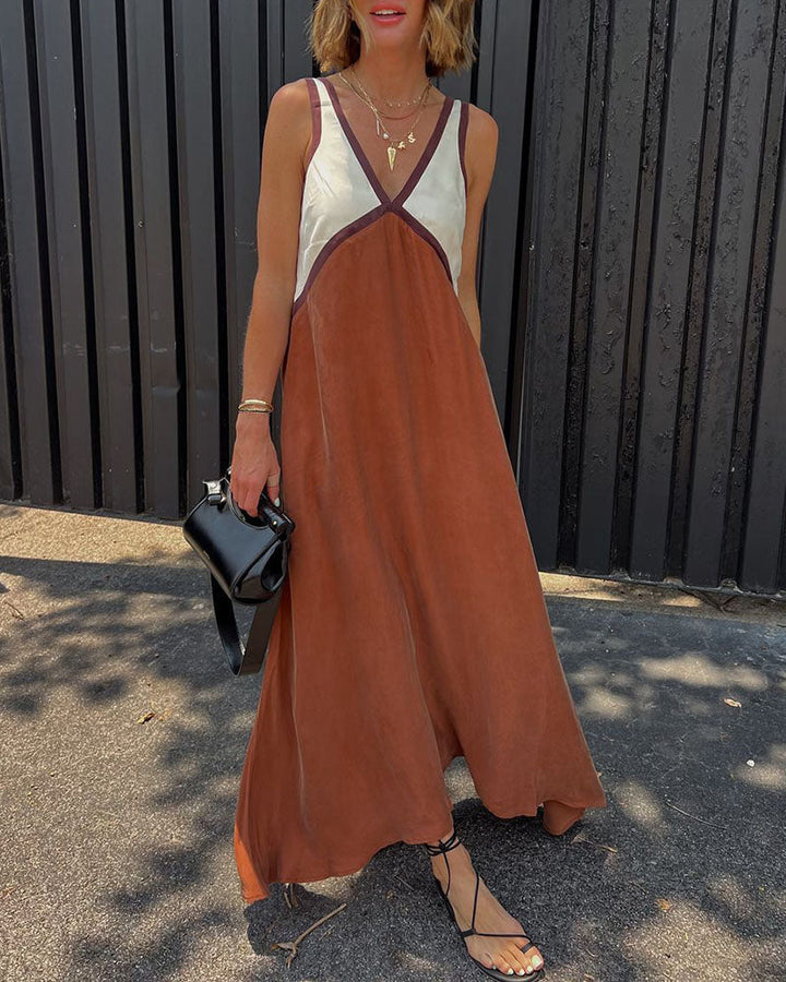 Memphis | Chic V-Neck Colorblock Maxi Dress