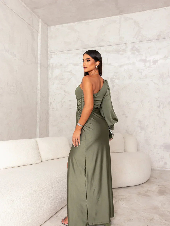 Elyse | Elegant One-Shoulder Satin Maxi Dress With Thigh Slit
