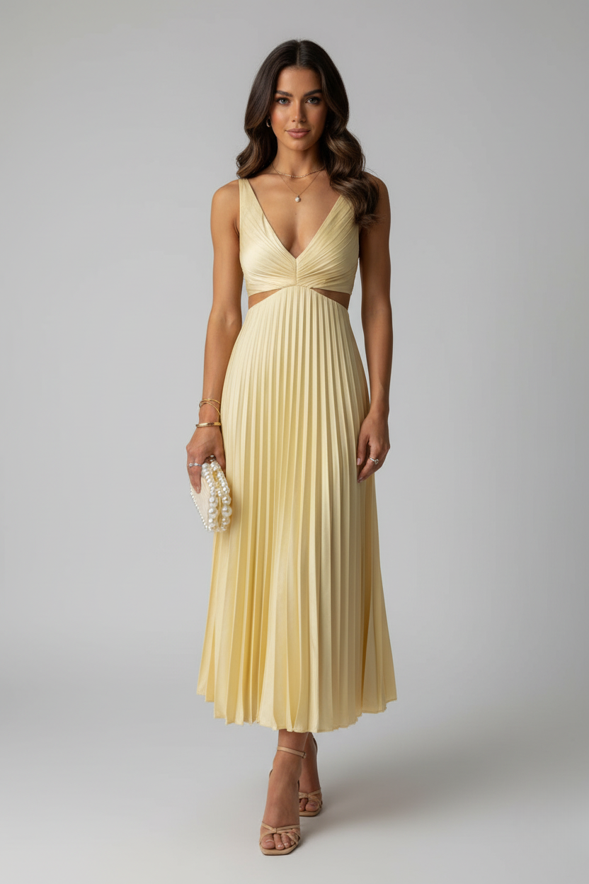 Margot | Elegant V-Neck Pleated Maxi Dress With Cutout Detail