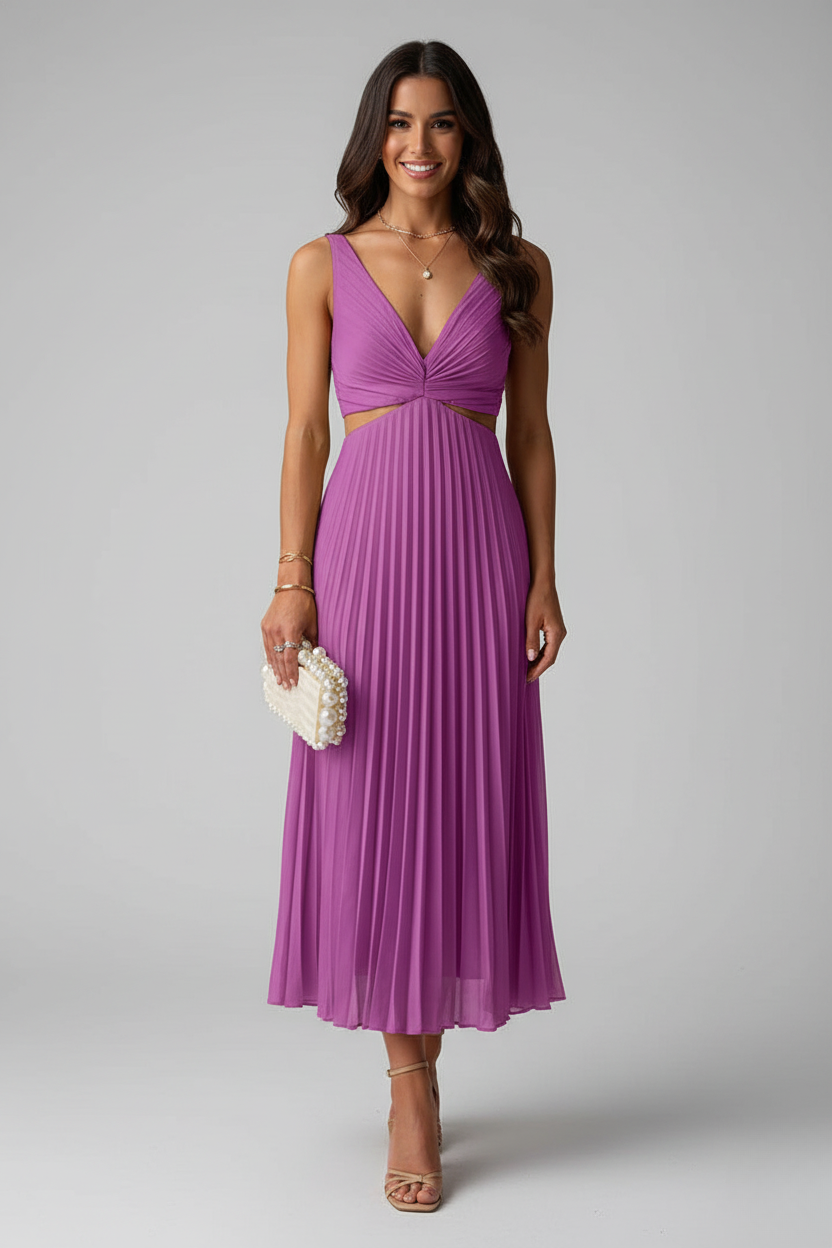 Margot | Elegant V-Neck Pleated Maxi Dress With Cutout Detail