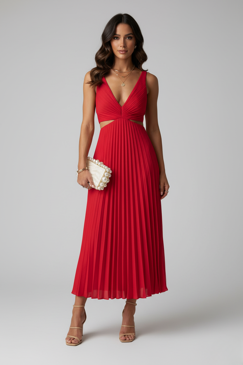 Margot | Elegant V-Neck Pleated Maxi Dress With Cutout Detail