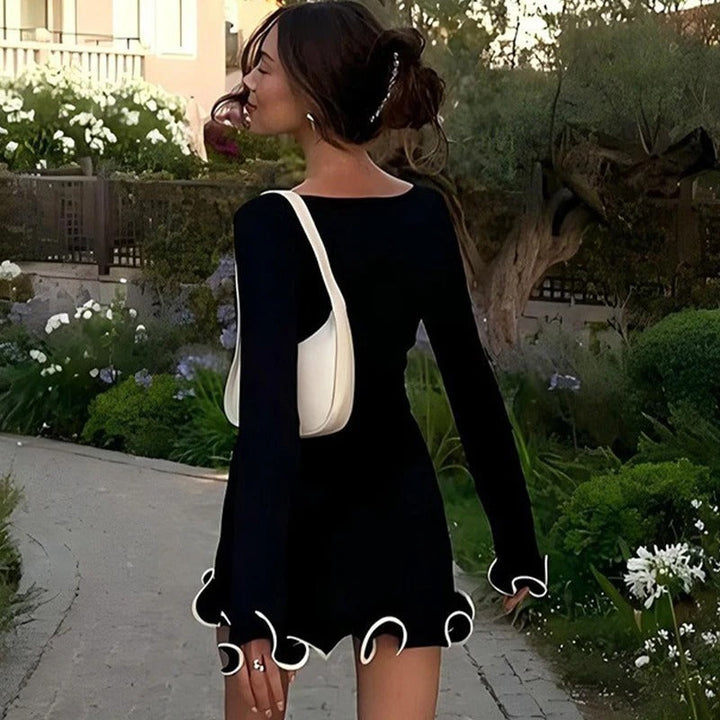 Elyse | Elegant Black Mini Dress With Ruffle Hem And Long Sleeves