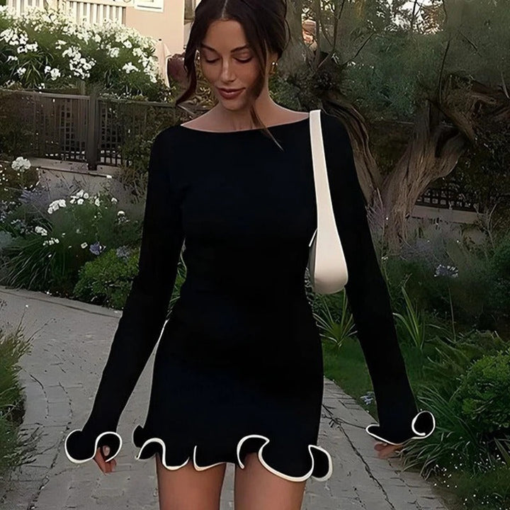 Elyse | Elegant Black Mini Dress With Ruffle Hem And Long Sleeves