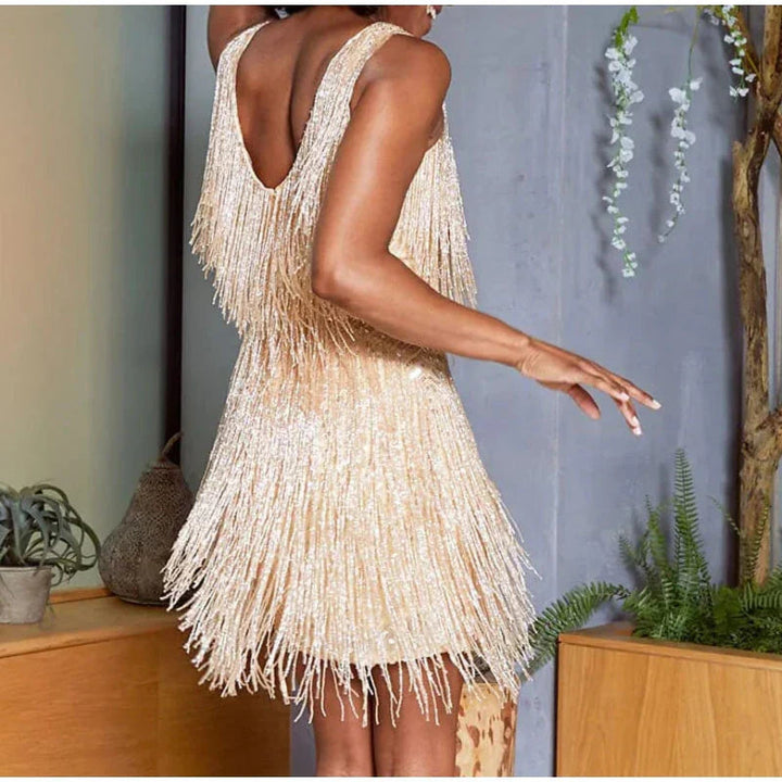 Margot | Elegant Sequin Feather Mini Dress V-Neck Sleeveless