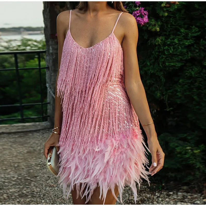 Margot | Elegant Sequin Feather Mini Dress V-Neck Sleeveless