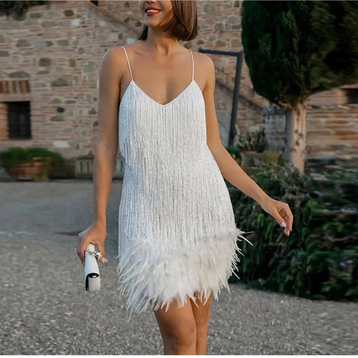 Margot | Elegant Sequin Feather Mini Dress V-Neck Sleeveless