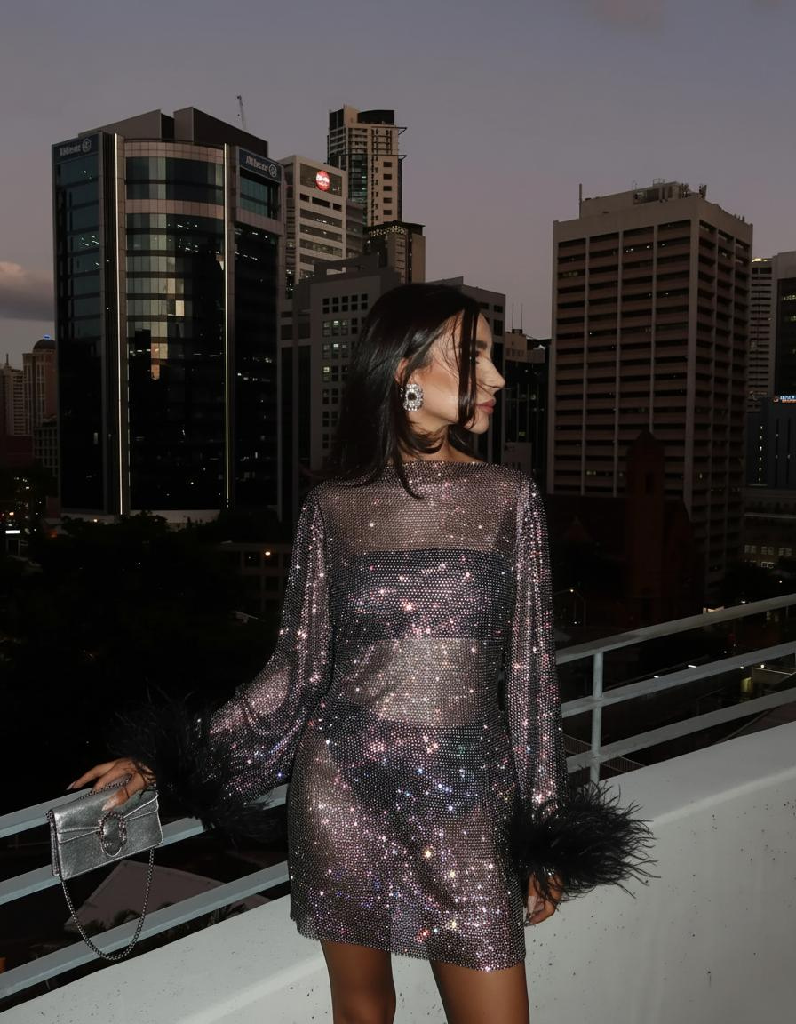 Tessa | Elegant Long Sleeve Sequin Mini Dress With Feather Cuffs