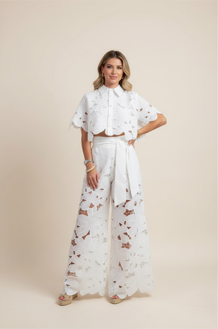 Elyse | Elegant White Floral Cutout Two-Piece Set