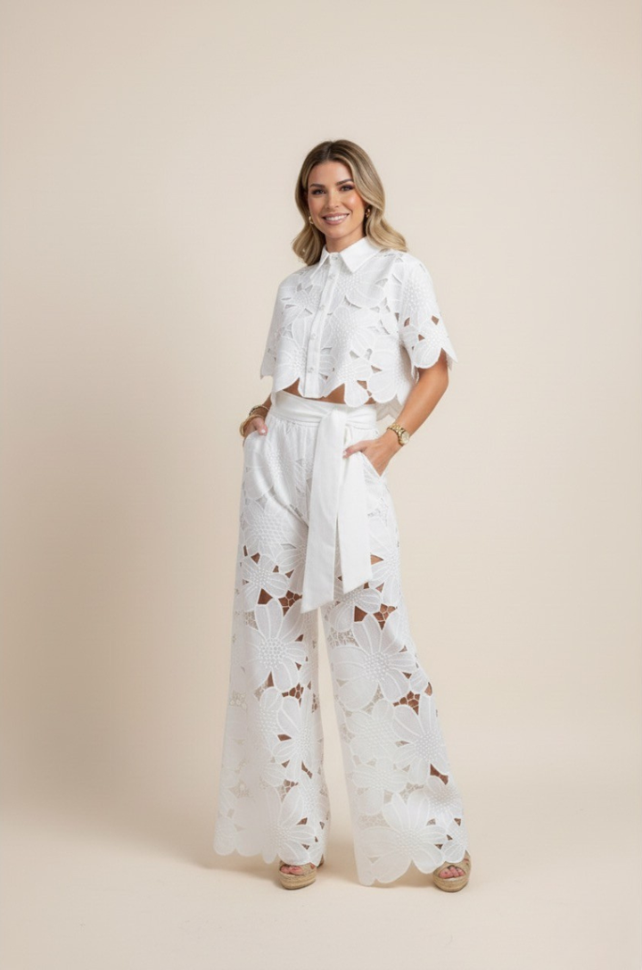 Elyse | Elegant White Floral Cutout Two-Piece Set