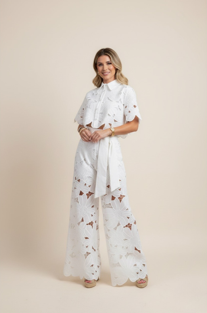 Elyse | Elegant White Floral Cutout Two-Piece Set