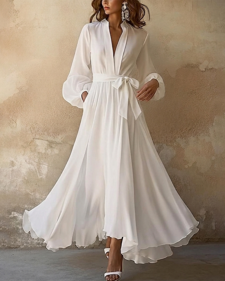 Evie | Elegant V-Neck Pleated Maxi Dress With Long Sleeves