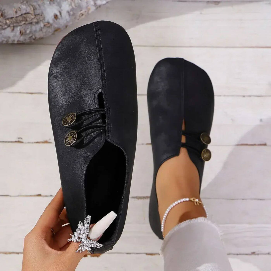 Lydia | Stylish Black Closed-Toe Orthopedic Sandals With Button Detail