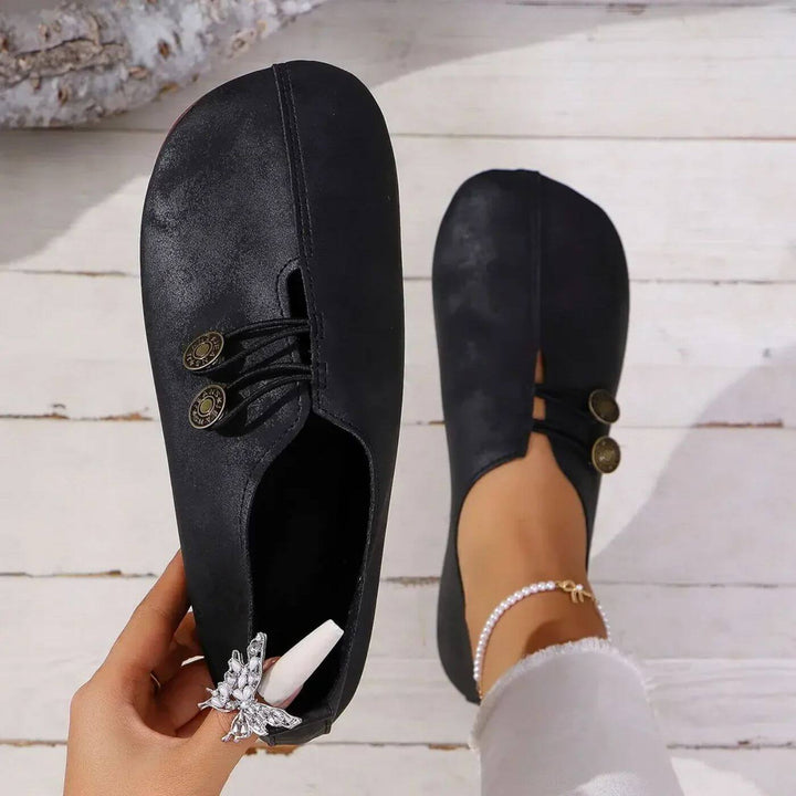 Lydia | Stylish Black Closed-Toe Orthopedic Sandals With Button Detail