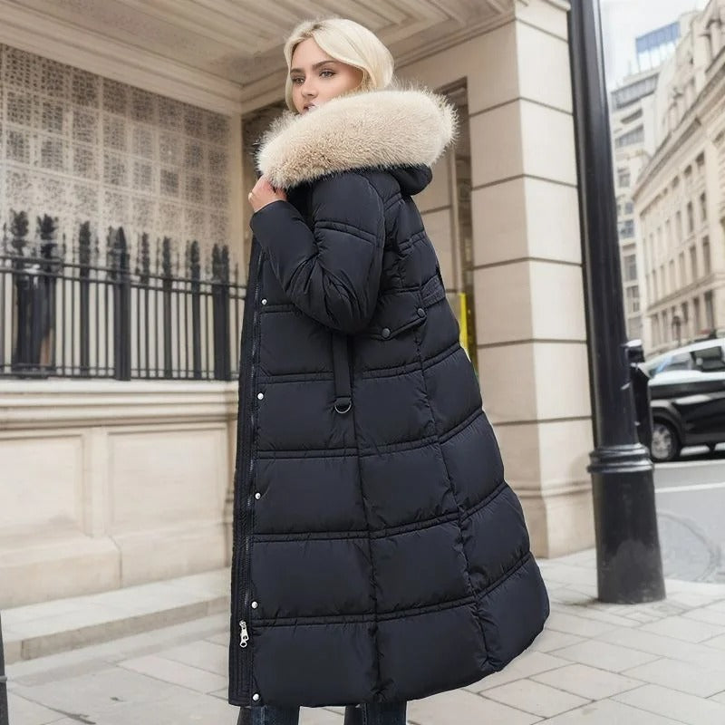 Willa | Chic Long Quilted Puffer Coat With Fur Hood